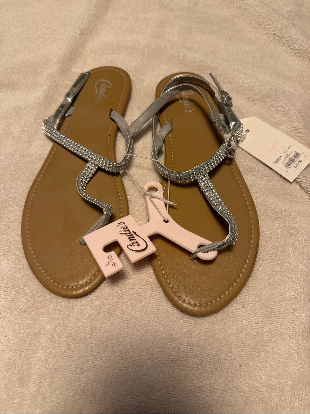 Candie's Silver Rhinestone T-Strap Sandals with Tan Footbed